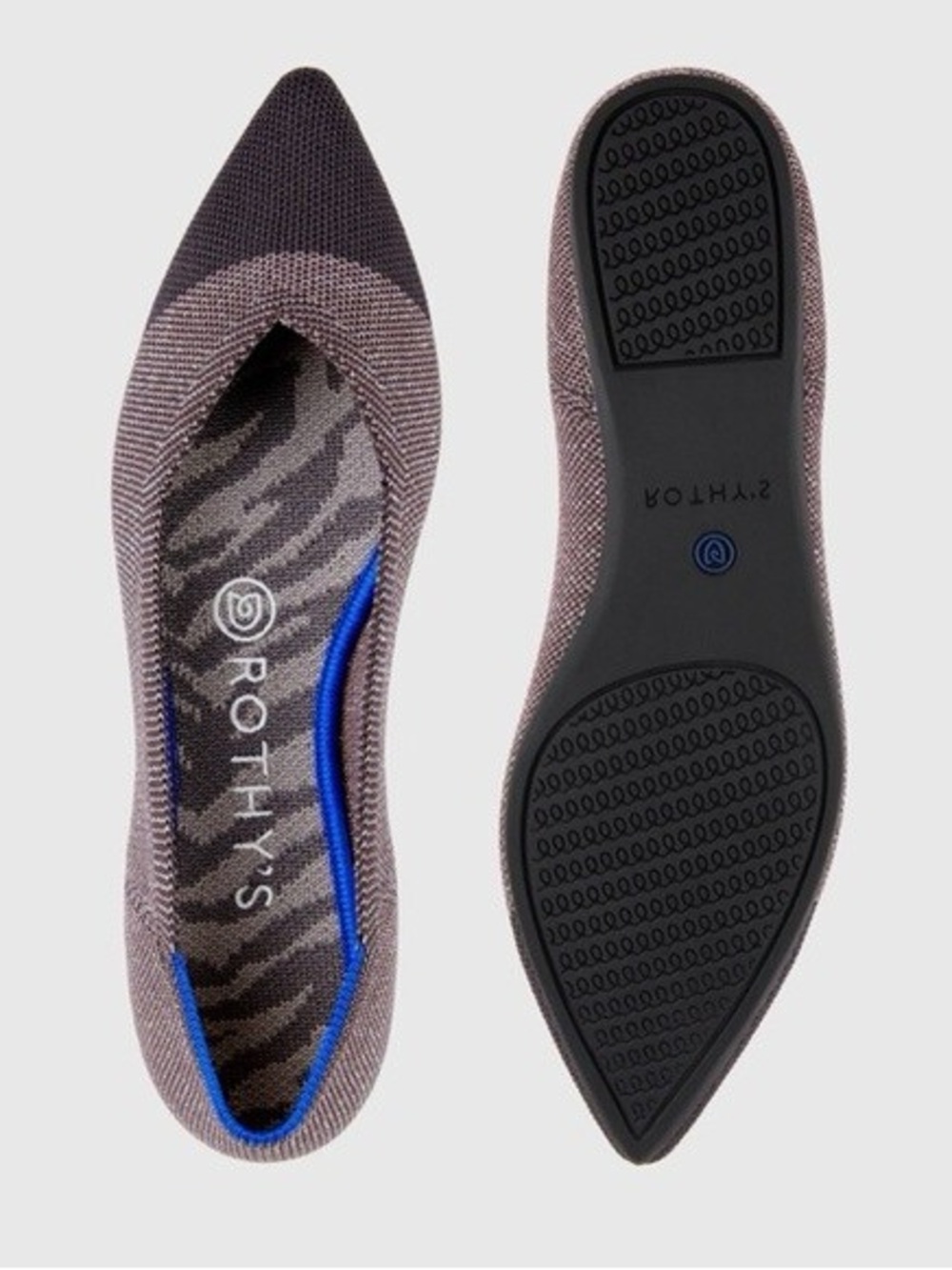 Rothy's Pointed Knit Flats in Taupe with Black Cap and Blue Trim